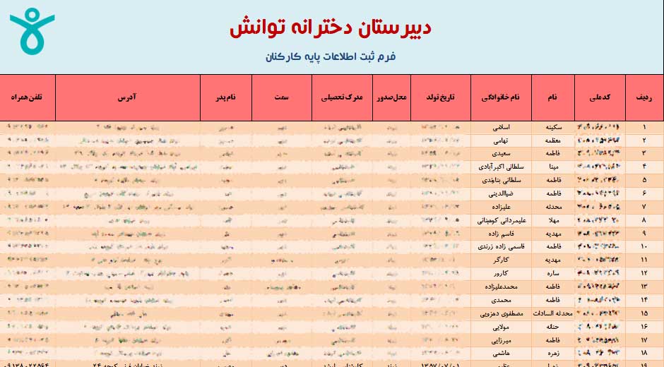 نمونه فرم بانک اطلاعات جامع مدرسه ۱